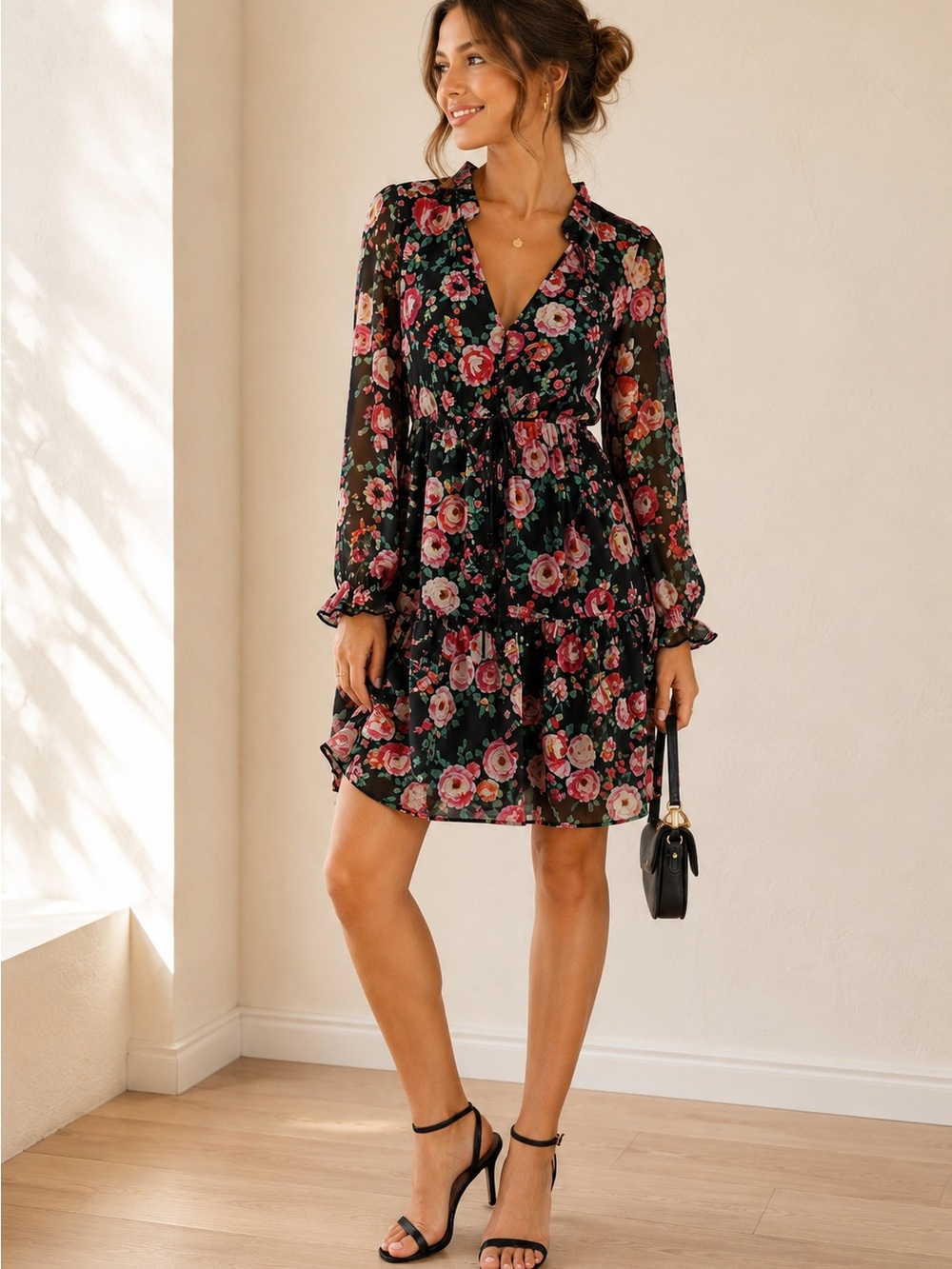 American Eagle XS Black Floral Chiffon Ruffle Mini Dress Long Sleeve Feminine